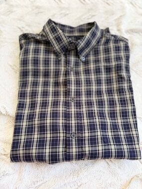 David Taylor Navy and Cream Plaid Button-Down Shirt